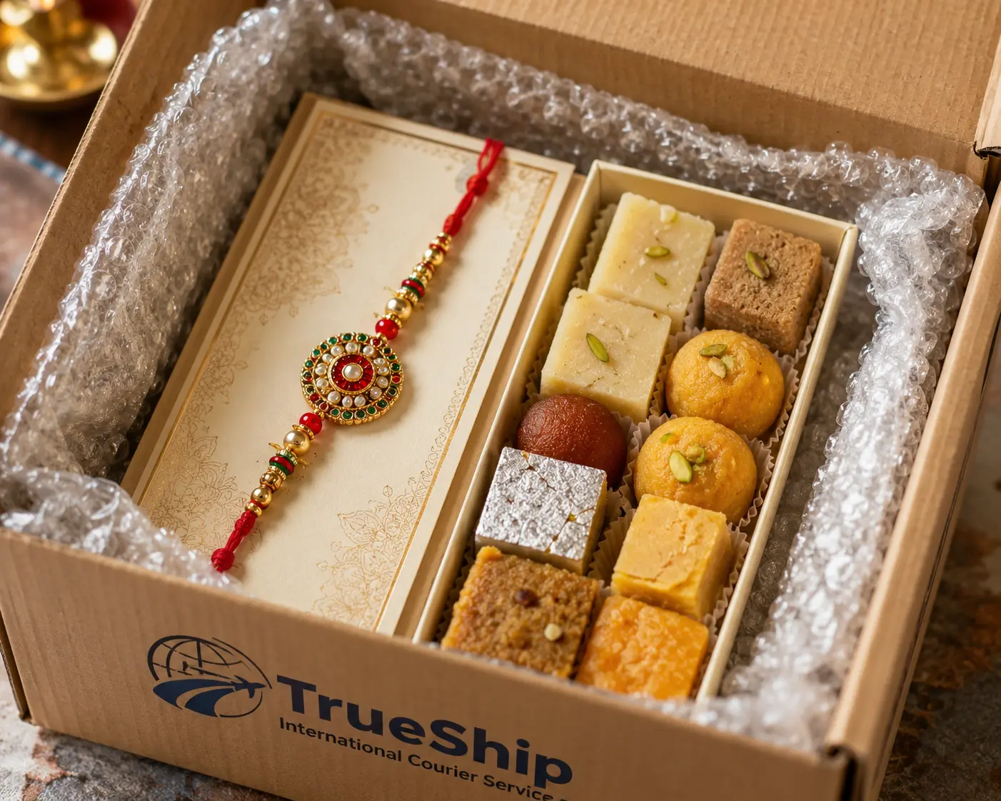 Rakhi and sweets packed for international courier shipping from India